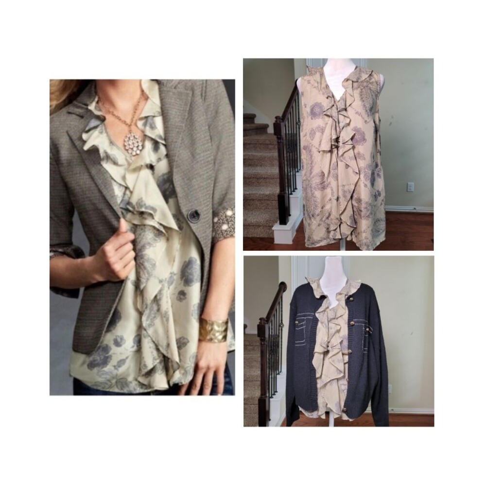 Cabi 100% Silk Blouse #149 Beige Gray Women M Floral Ruffled Button Front Office